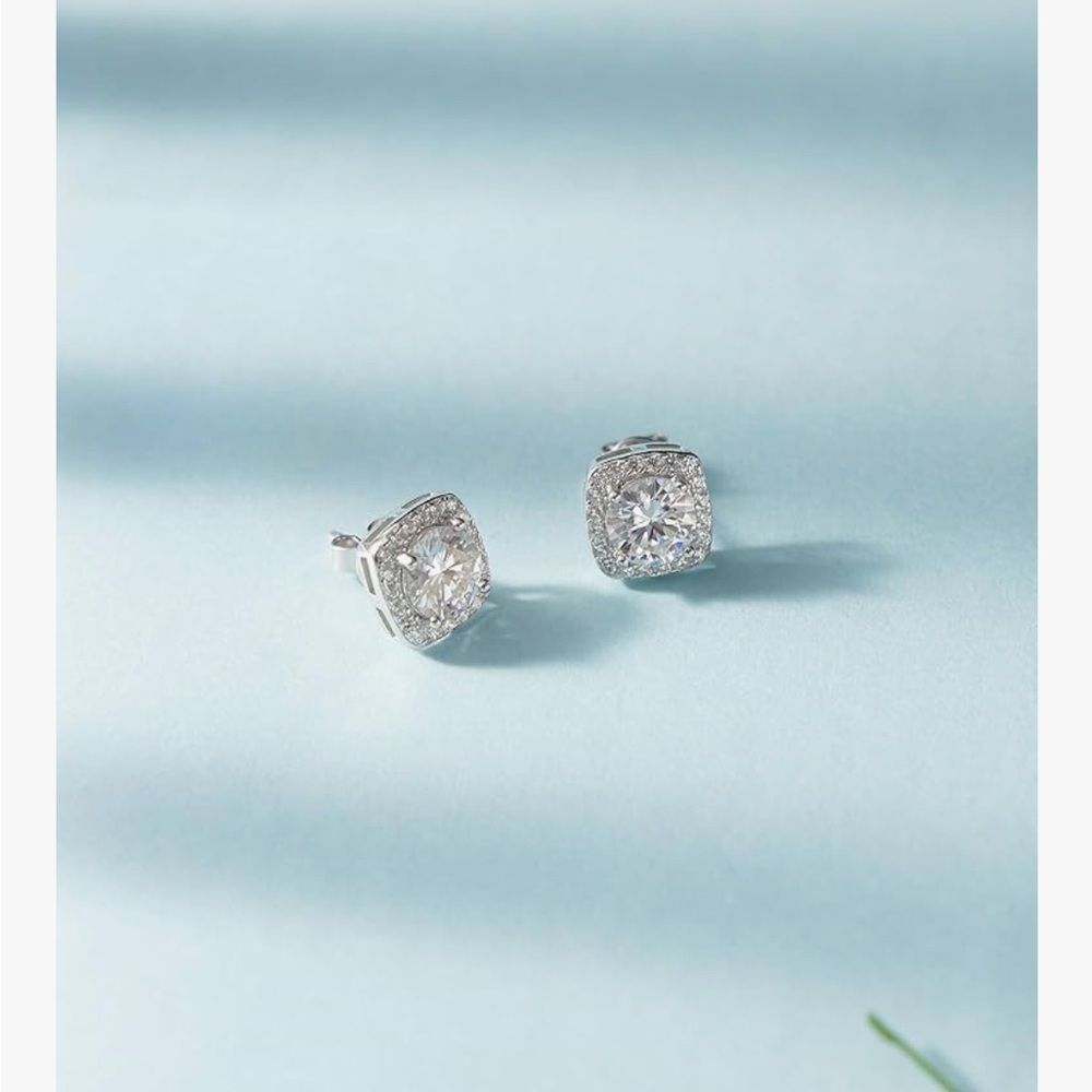 Moissanite Diamond Halo Stud Earrings 18K White Gold Plated 1 Carat 925 Silver